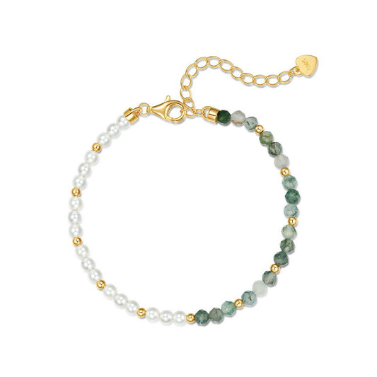 Dainty Handmade Beaded Green Moss Agate Bracelet 925 Sterling Silver Pearl Bracelet