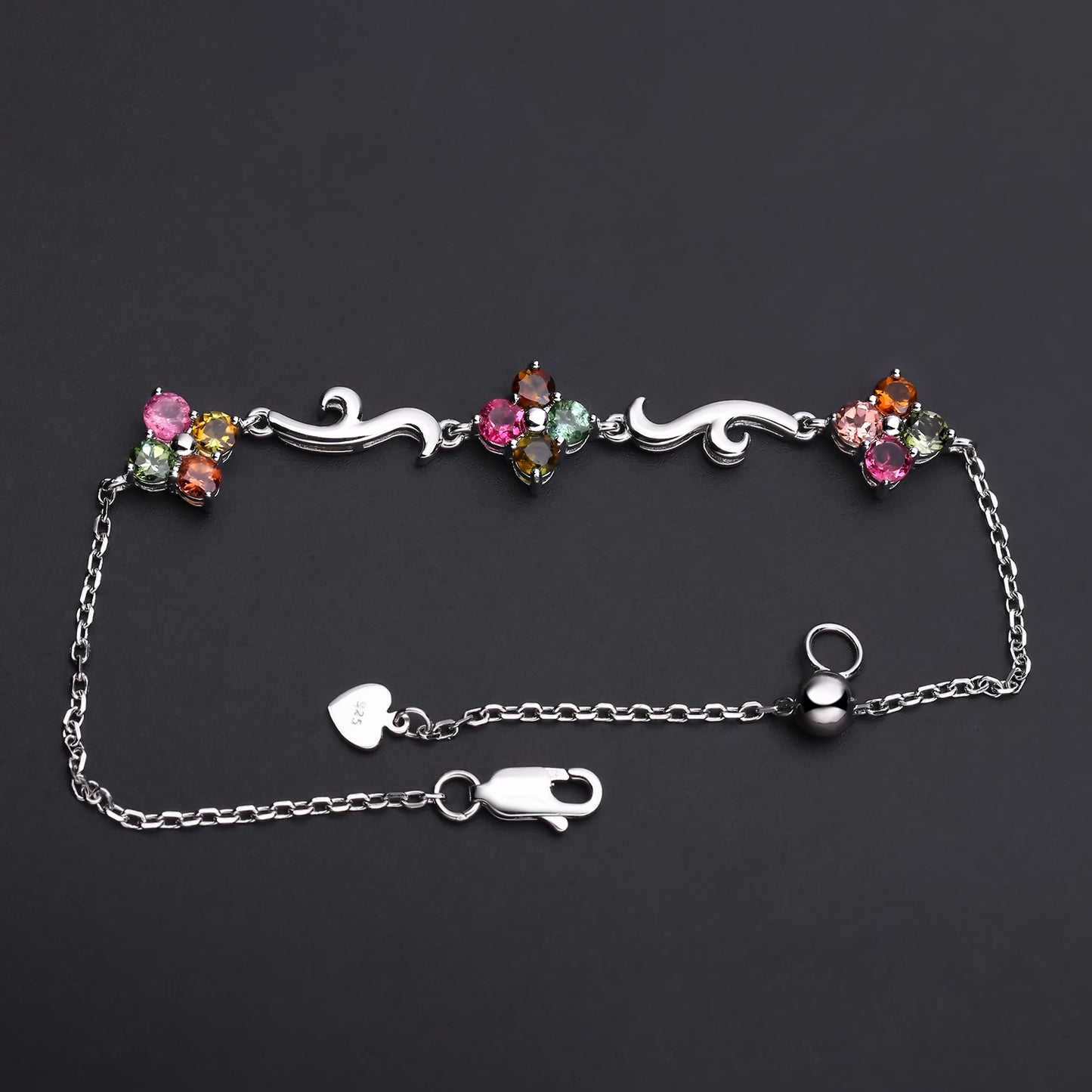 Natural Tourmaline Clover Bracelet 925 Silver Inlaid Natural Color Treasure Bracelet Gift for Her, colorful gemstone accents