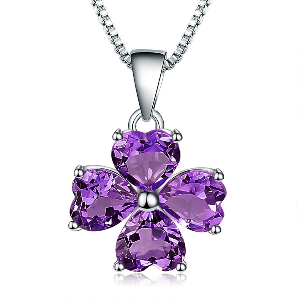 Natural Amethyst Topaz Heart Clover Necklace Pendant 925 Silver Gift for Her