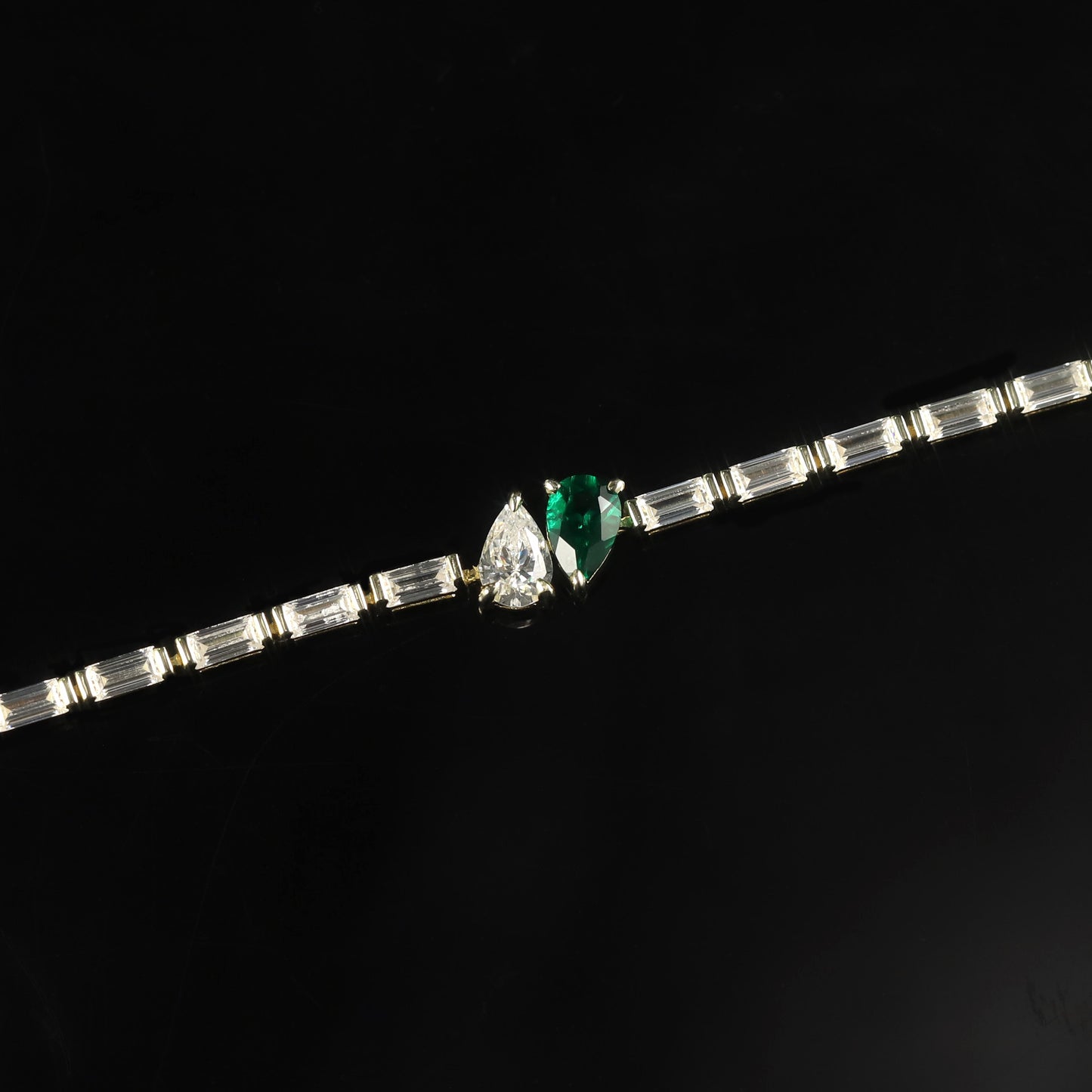 Pear Cultivated Emerald Moissanite Tennis Chain 925 Sterling Silver Bracelet Baguette Cut