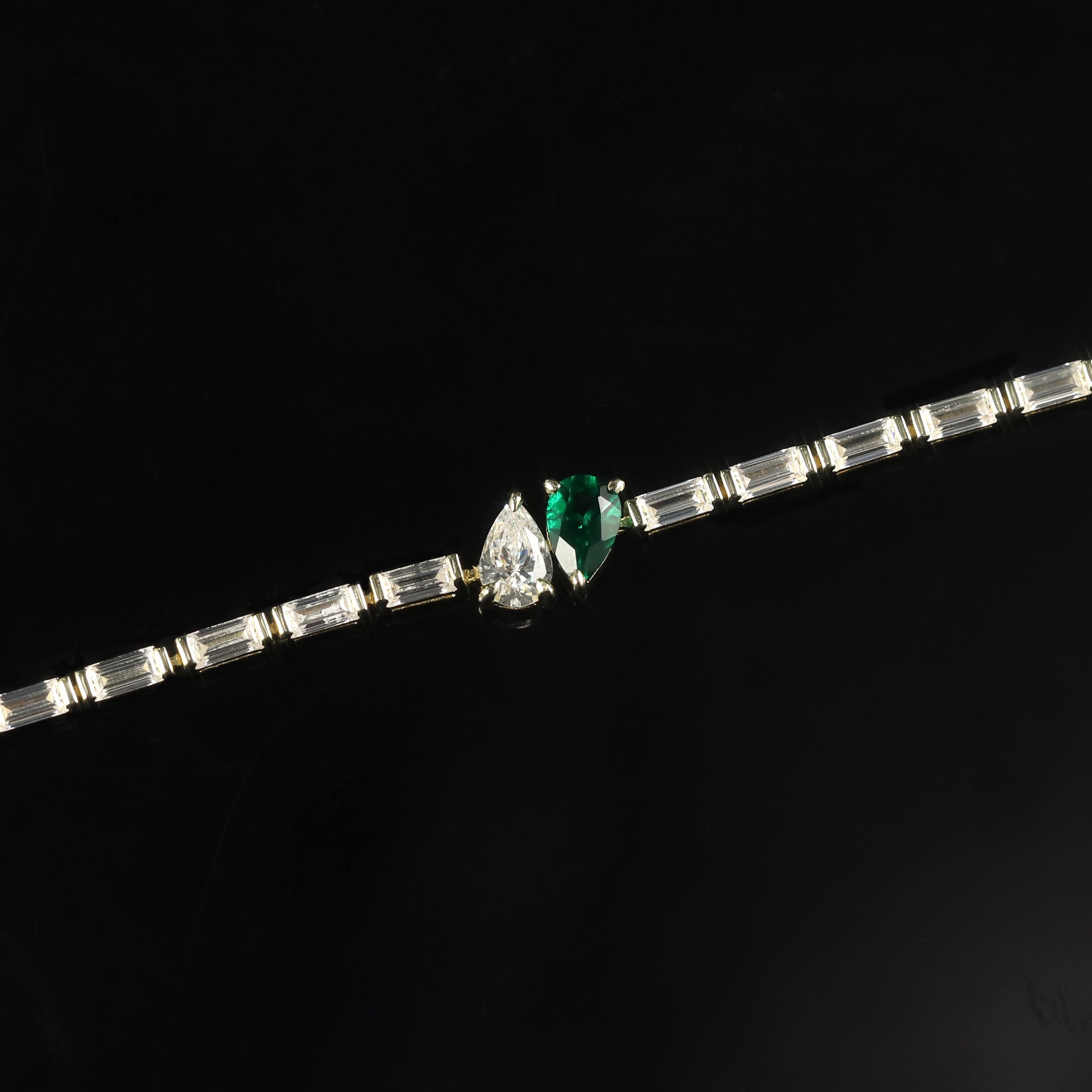 Pear Cultivated Emerald Moissanite Tennis Chain 925 Sterling Silver Bracelet Baguette Cut