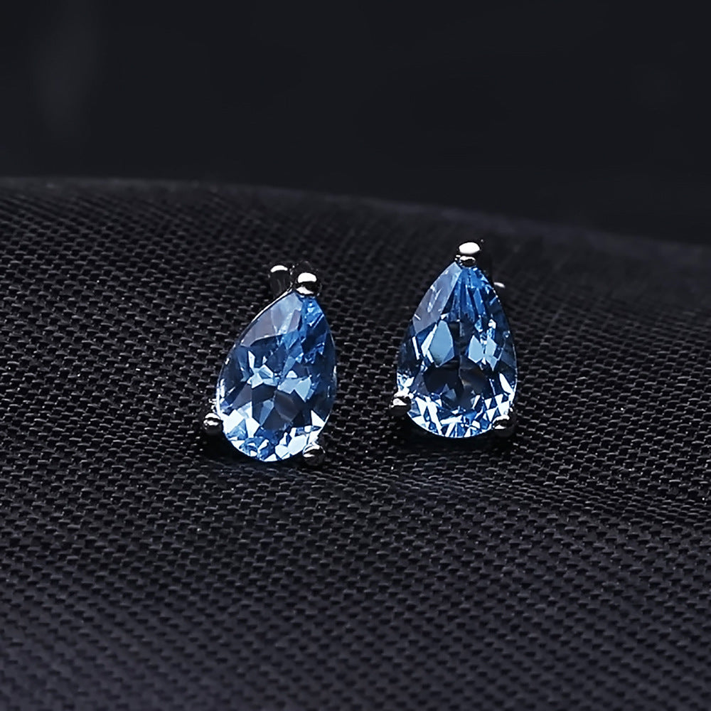 Genuine Swiss Blue Topaz Crystal Droplet Stud Earrings in Sterling Silver, Natural Blue Topaz Pear Shape Stud Earrings, March Birthstone