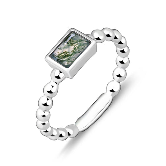 Square Natural Moss Agate Ring 925 Sterling Silver  0.6 Carat Green Moss Gemstone Ring