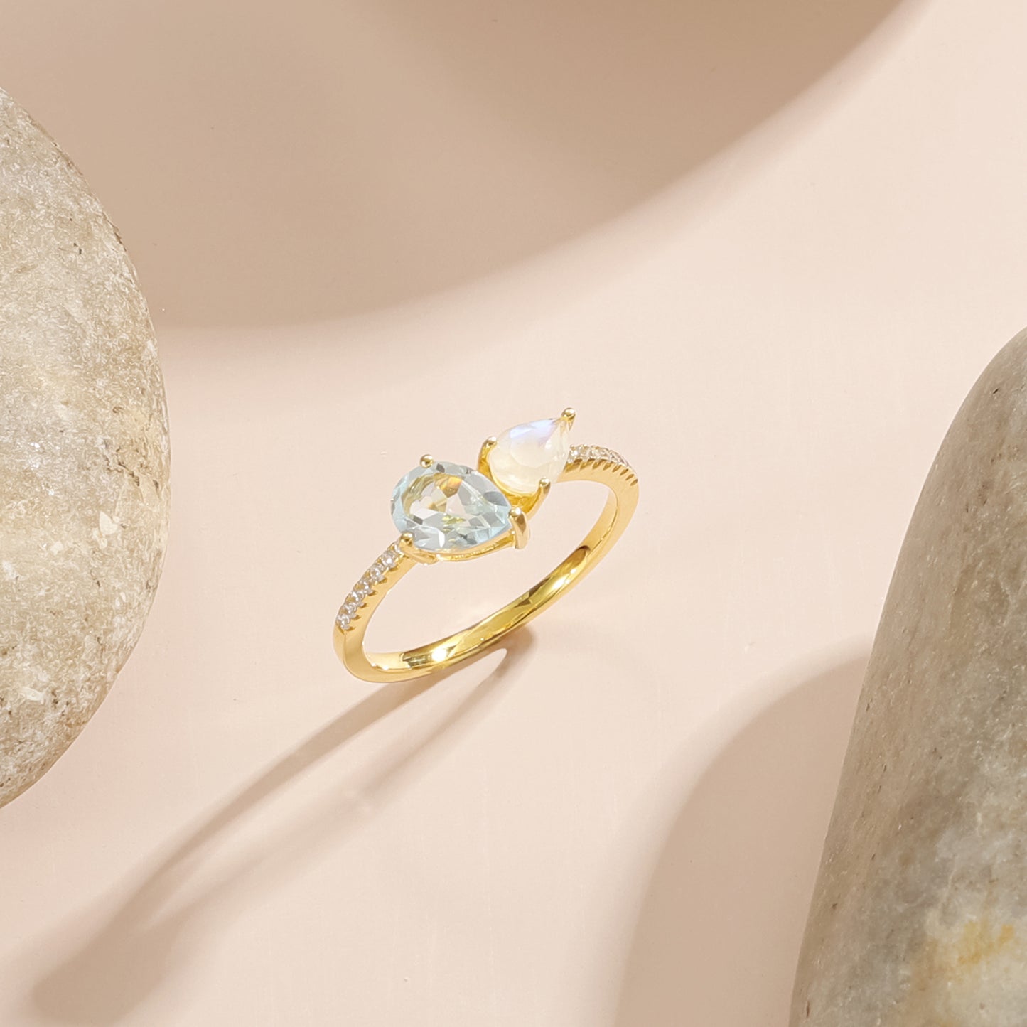 Pear Natural Moonstone Peridot Toi Et Moi Ring 925 Sterling Silver Gift for Her