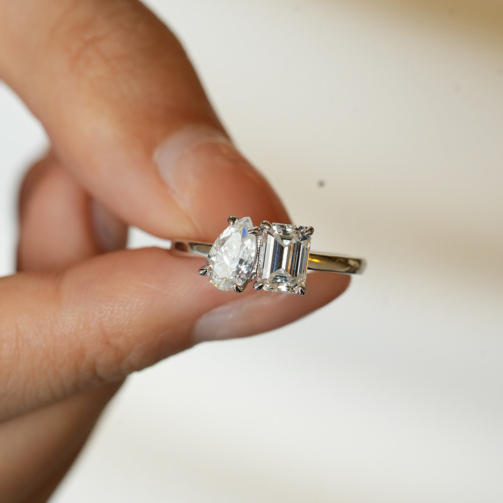 Toi et Moi Emerald & Pear Moissanite Engagement Ring / 925 Sterling Silver Double Stone Ring / Toi Et Moi Ring for Women