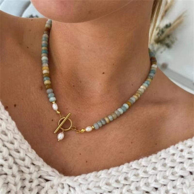 Natural Stone Necklace Beaded Choker Toggle Necklace Single Pearl Necklace