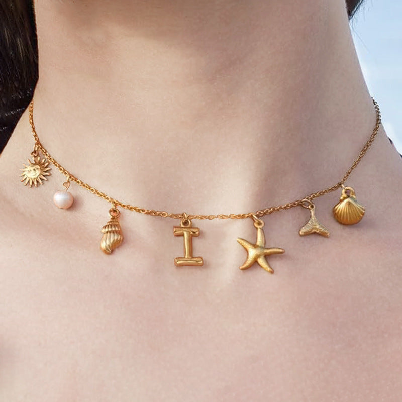 Surfer Girl Initial Necklace Waterproof Boho Gift for Women Non-Tarnish Adjustable Beach Jewelry