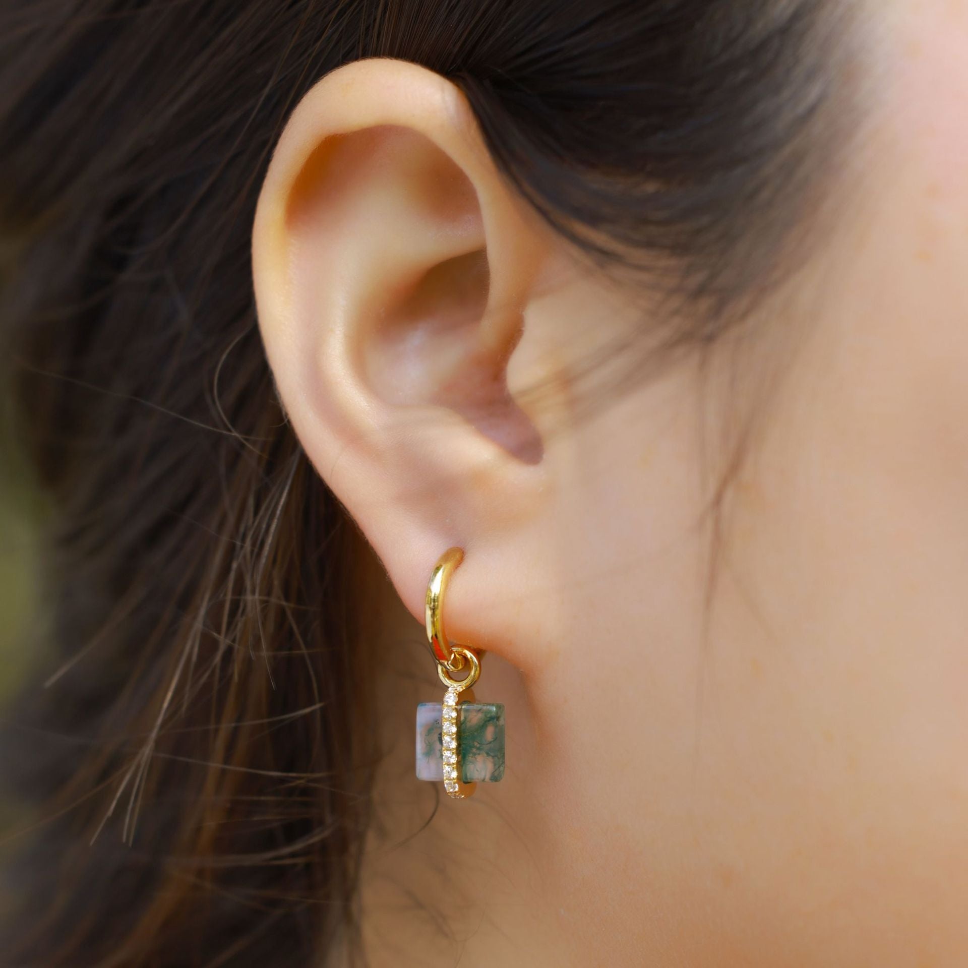 10K Gold Plated 925 Sterling Silver Square Moss Agate Earrings Studs for Women