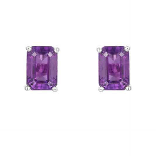 Natural Amethyst Emerald Cut Stud Earrings 925 Silver Set with Natural Gemstones