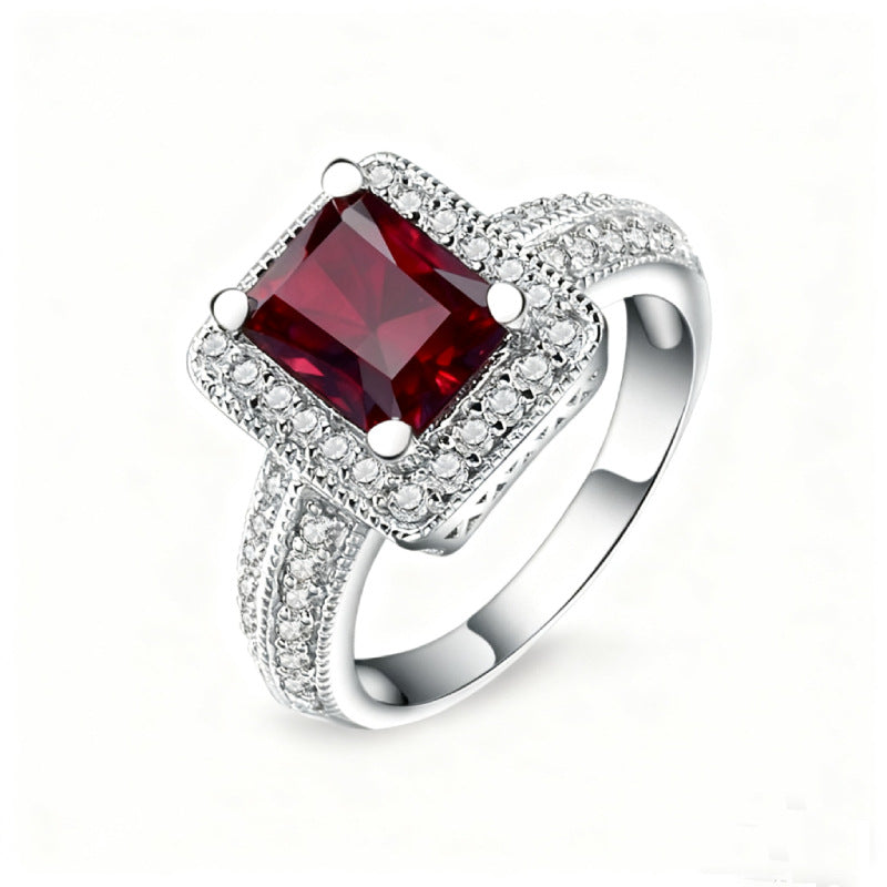 Emerald Cut Topaz Amethyst Garnet Chalcedony Ring with Halo, 925 Silver Jewelry Gift