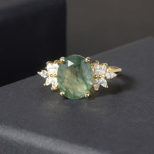 Oval Halo Natural Moss Agate Engagement Ring - 18k Gold Plated 925 Sterling Silver | Perfect Gift for Her (Engagement, Wedding Anniversary, Birthday)