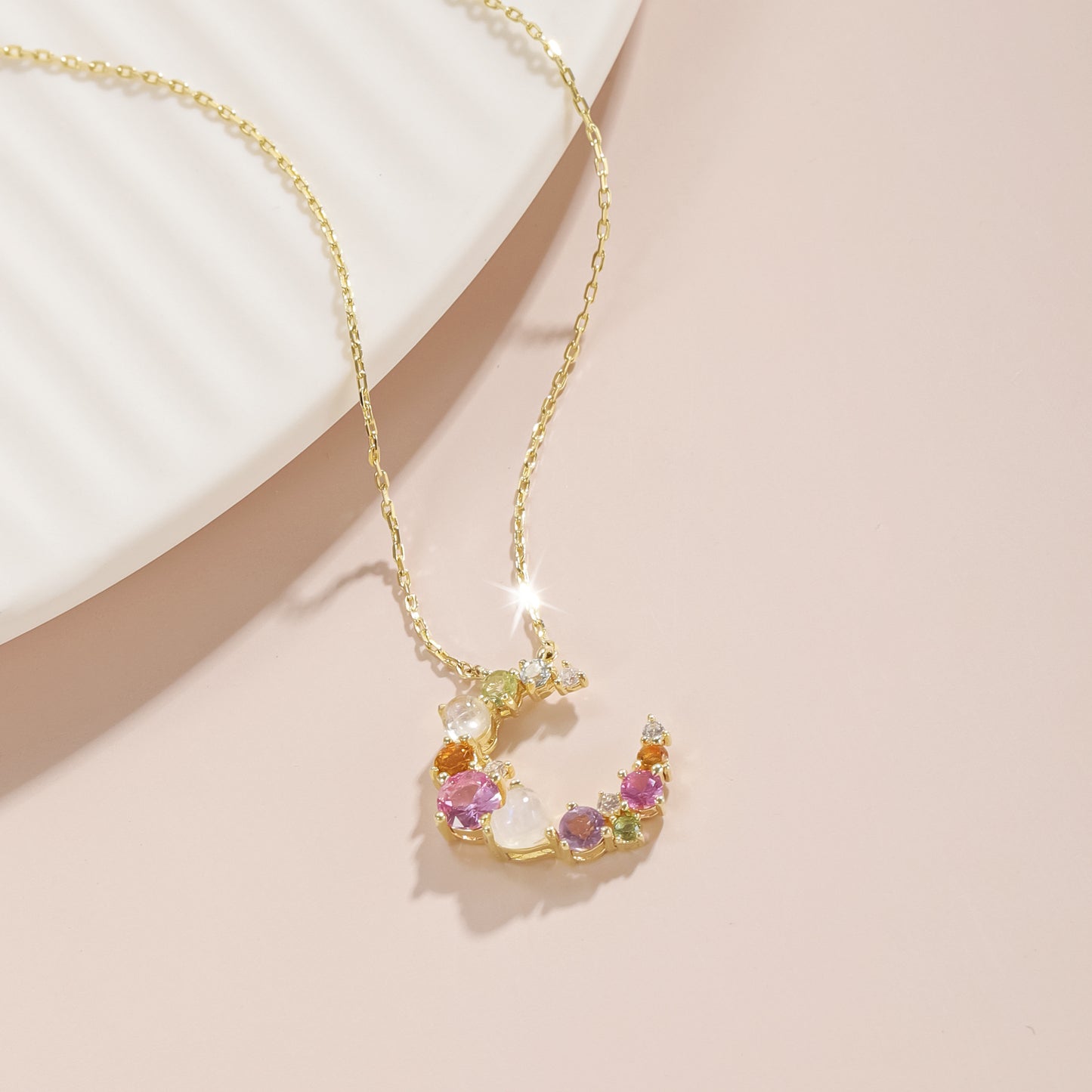 Colored Gemstone Moon Pendant 925 Silver Necklace Anniversary Christmas Gift for Her