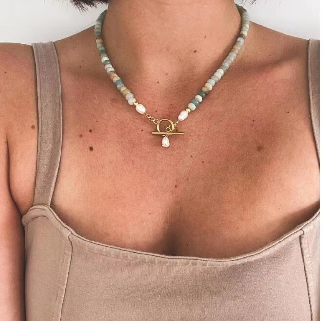 Natural Stone Necklace Beaded Choker Toggle Necklace Single Pearl Necklace