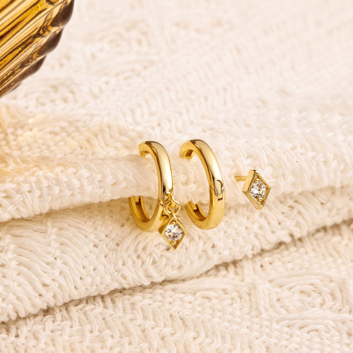 Dangling Hoop Earrings Set Minimalist • Dainty Diamond Charm Earrings • Minimalist Huggie Hoops • Gifts for Her