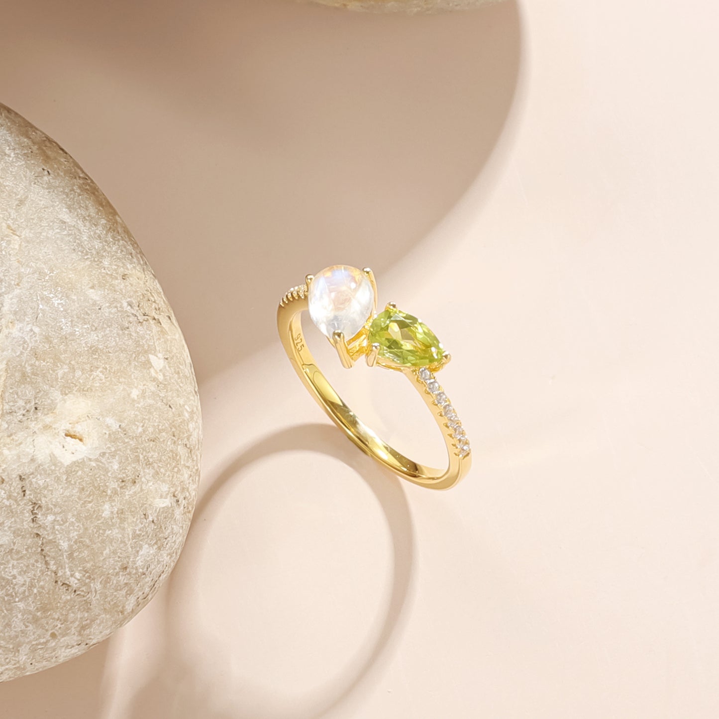 Pear Natural Moonstone Peridot Toi Et Moi Ring 925 Sterling Silver Gift for Her