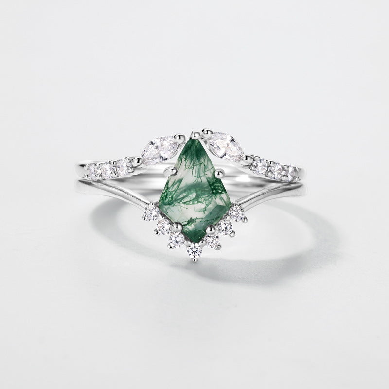 Vintage Kite Cut Green Moss Agate Engagement Ring Set Women Unique Bridal Wedding Ring Set Gift