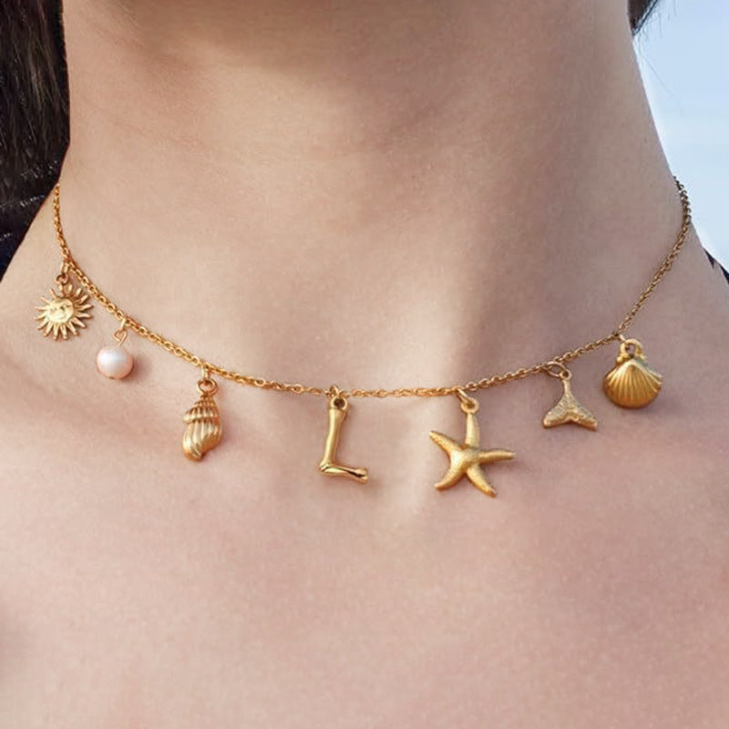 Surfer Girl Initial Necklace Waterproof Boho Gift for Women Non-Tarnish Adjustable Beach Jewelry