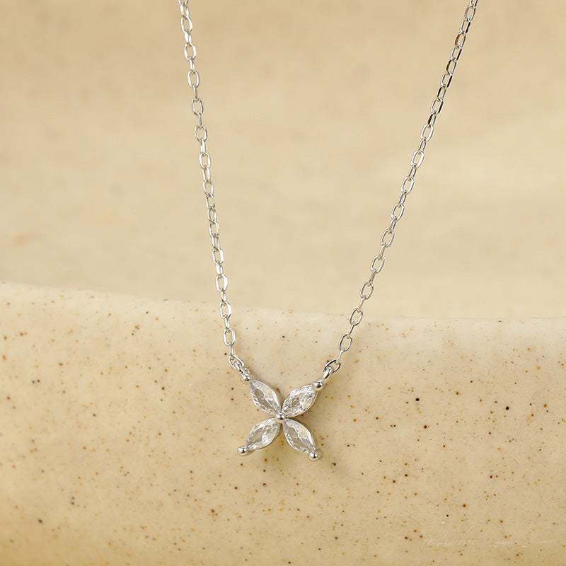 Marquise Flower Necklace, Sterling Silver Dainty Flower Pendant, Adjustable Layering Necklace, Minimalist Bridal Nacklace