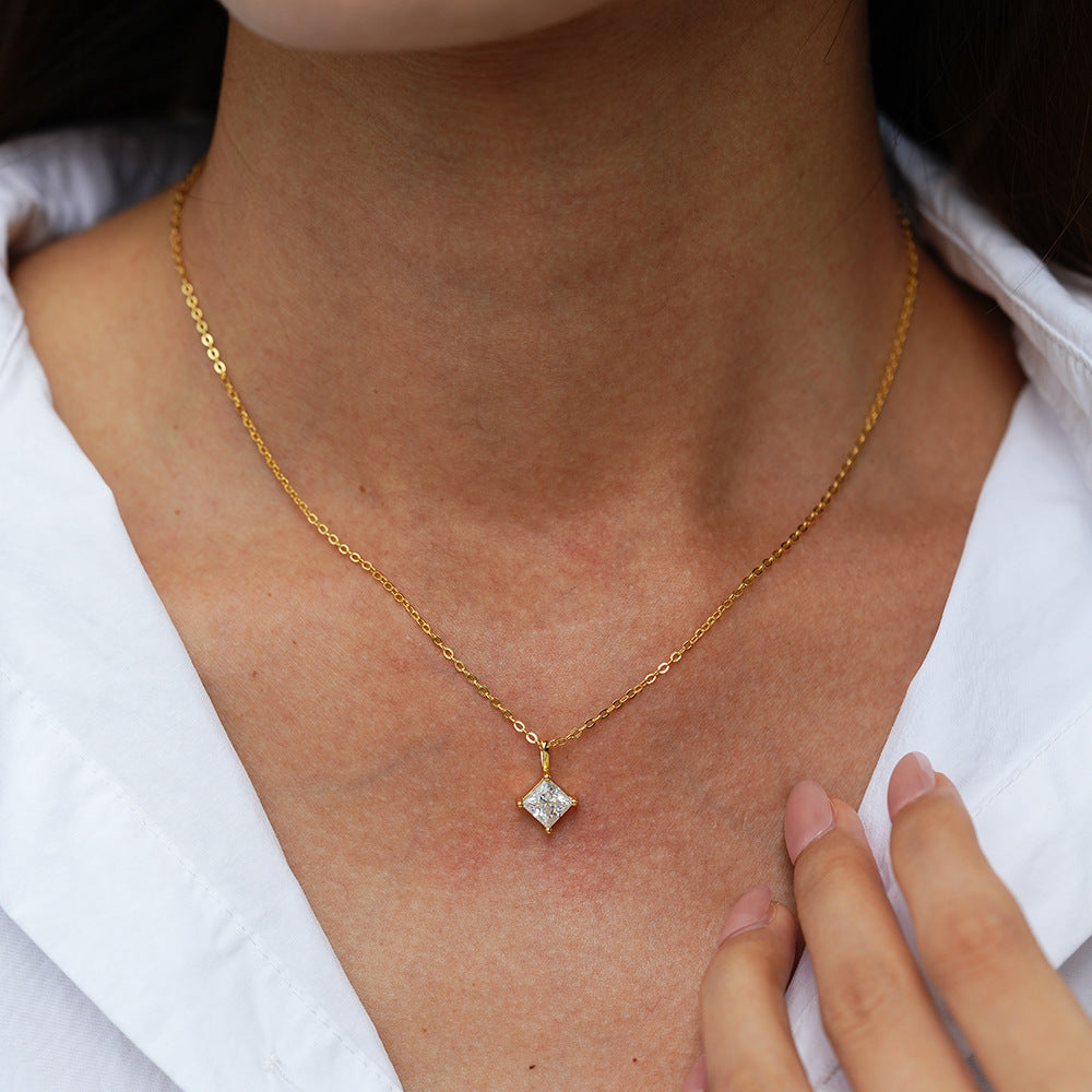 Princess Cut Mossanite Necklace, Solid Gold Diamond Solitaire Pendant, Shining Gemstone Necklace, Dainty Moissanite Pendent