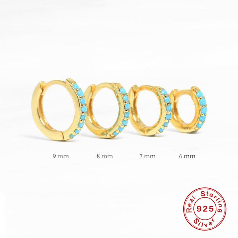 Handmade Custom 1 Pair Dainty 18kt Gold Plated Round Turquoise Huggie Hoop Earrings Minimal Fashion Boutique Brands