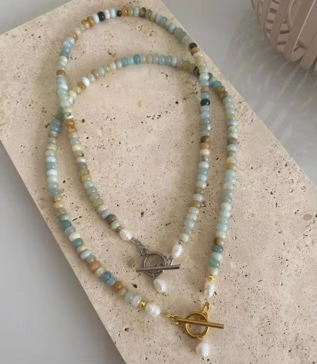 Natural Stone Necklace Beaded Choker Toggle Necklace Single Pearl Necklace