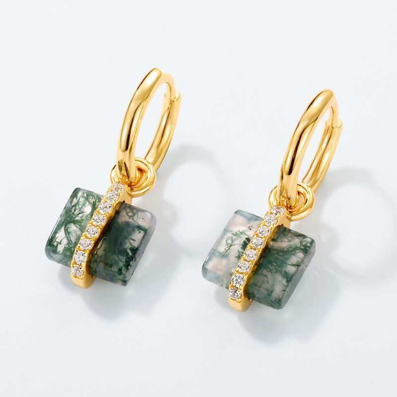 10K Gold Plated 925 Sterling Silver Square Moss Agate Earrings Studs for Women