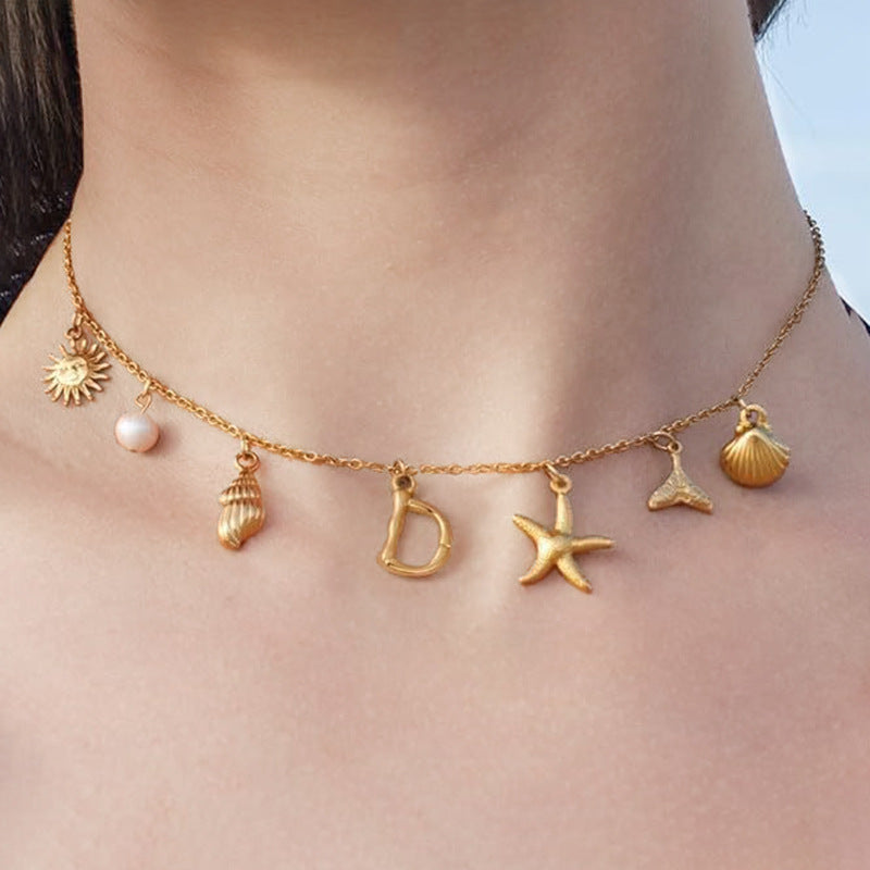 Surfer Girl Initial Necklace Waterproof Boho Gift for Women Non-Tarnish Adjustable Beach Jewelry