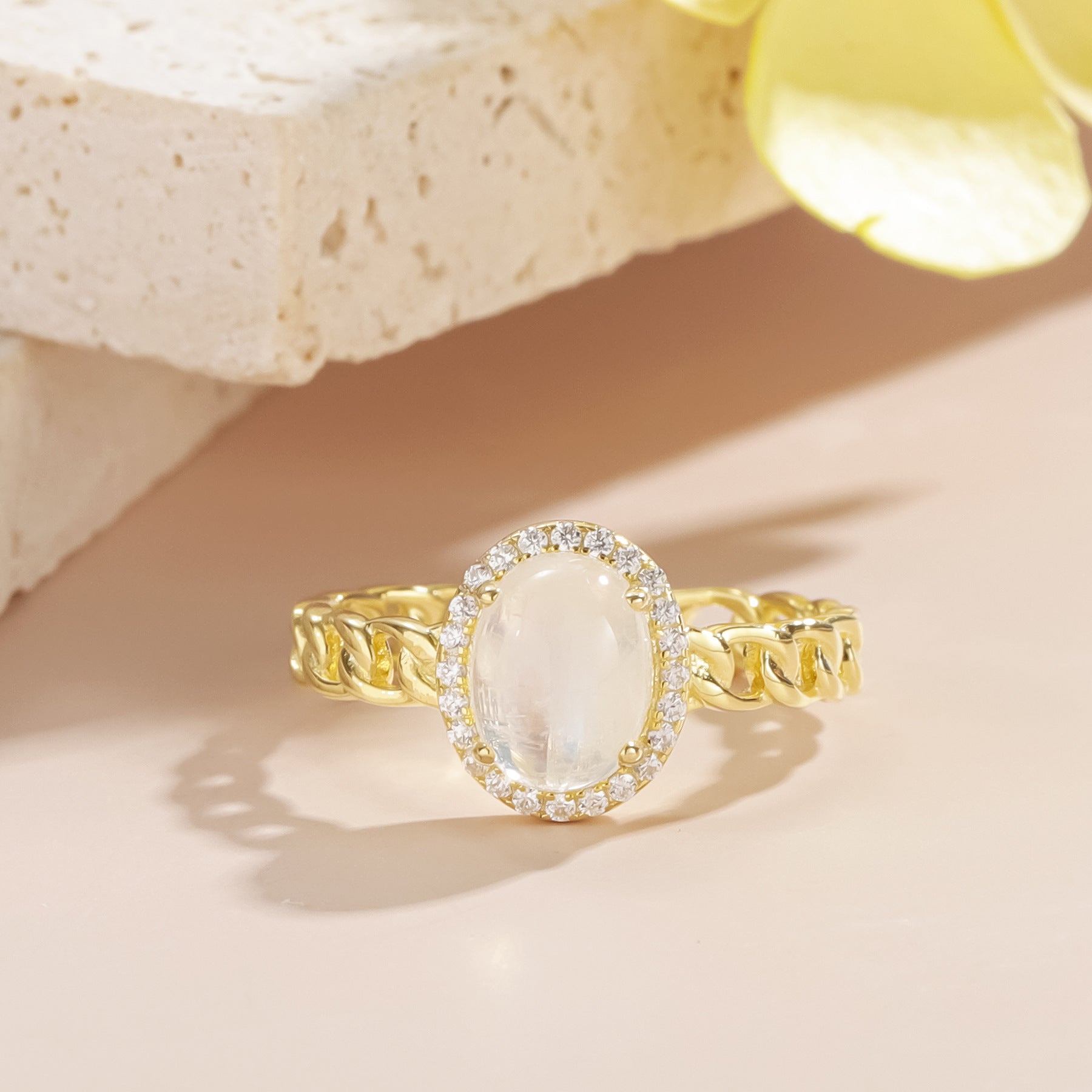 Oval Natural Cream Blue Moonstone Rings Halo Hollow Gold 925 Sterling Silver Engagement Gift