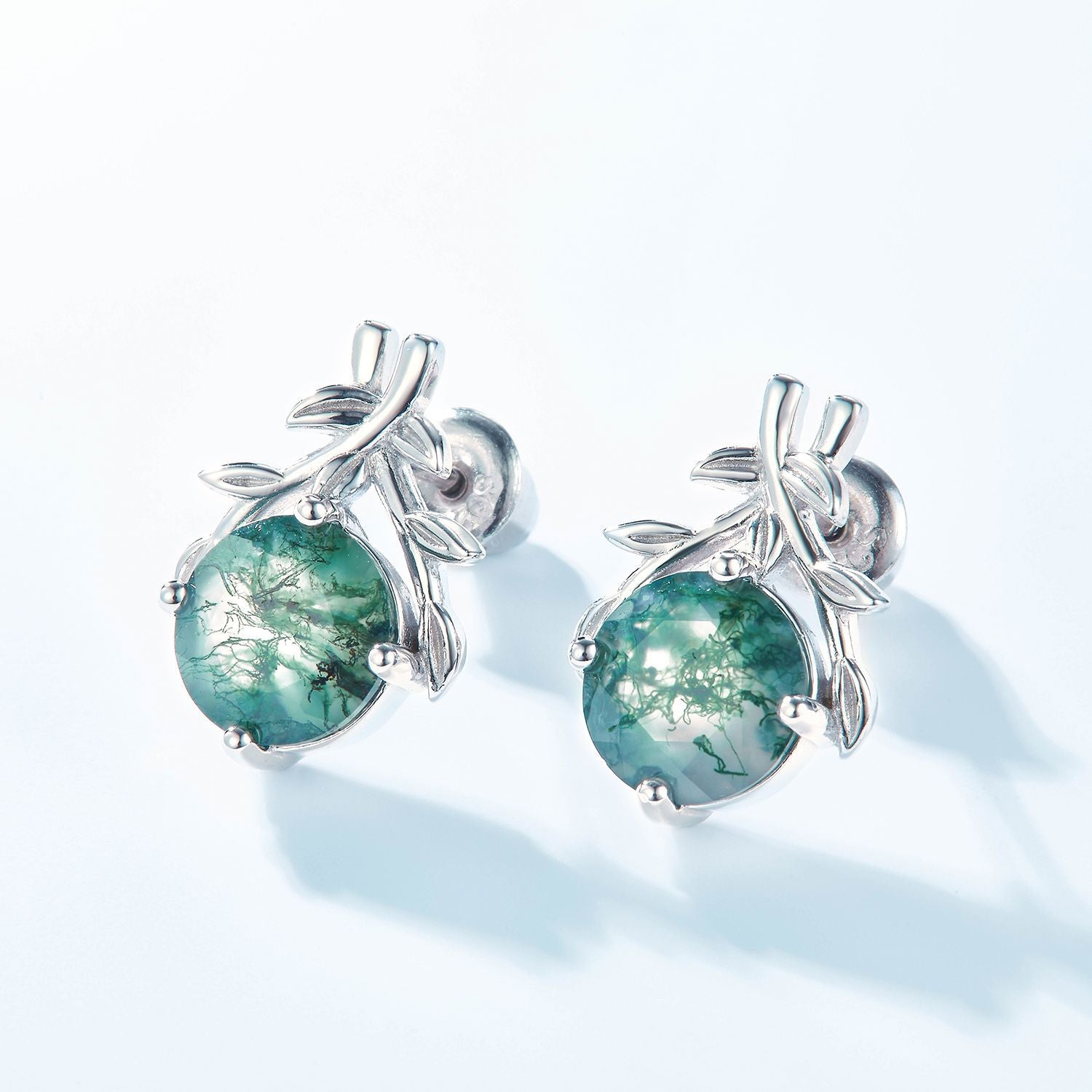 Moss Agate Leaf Stud Earring Nature Leaf Branch Earring White Gold Cluster Stud Anniversary Gift