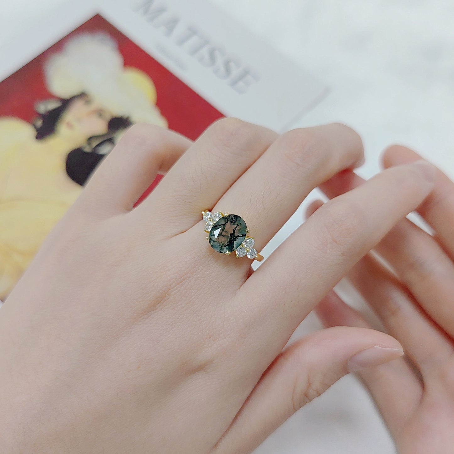 Oval Moss Agate Engagement Ring Vintage-Inspired Solitaire Promise Ring Anniversary Gift