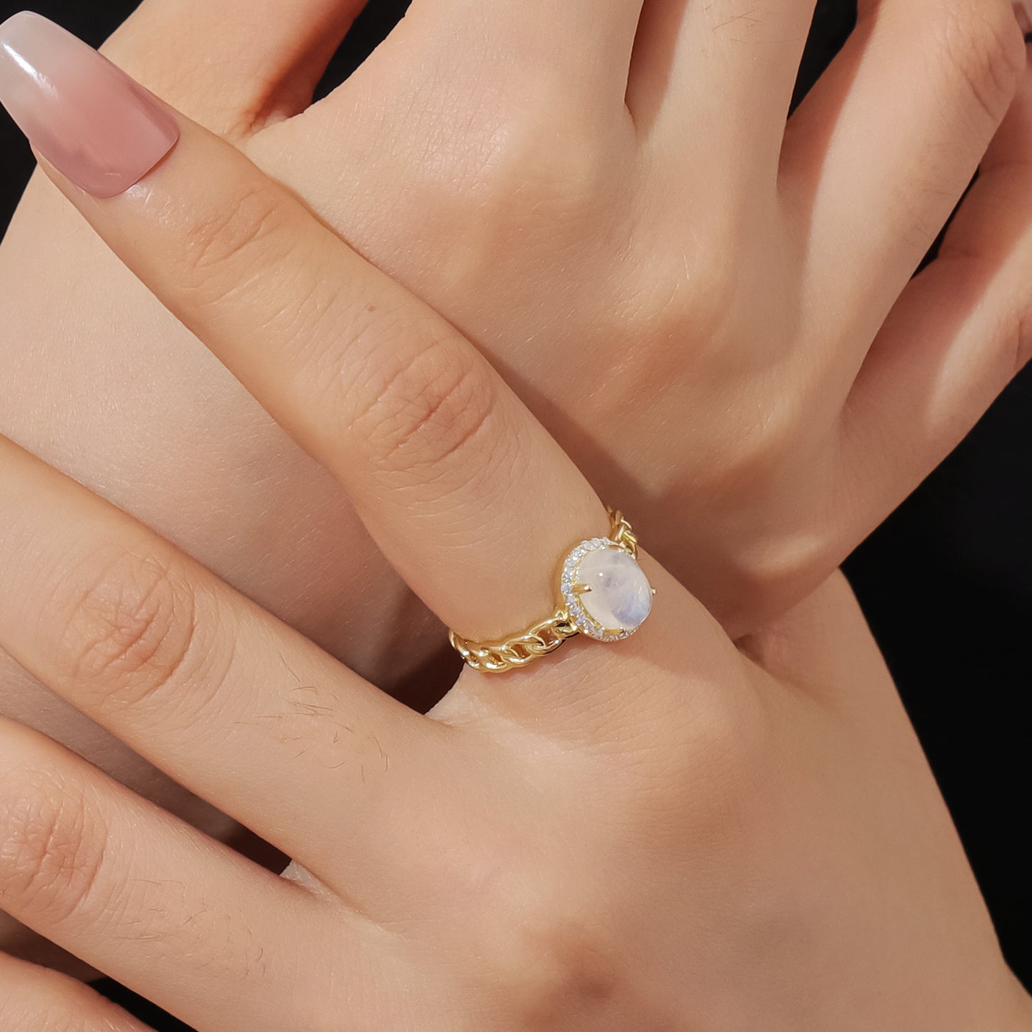 Oval Natural Cream Blue Moonstone Rings Halo Hollow Gold 925 Sterling Silver Engagement Gift