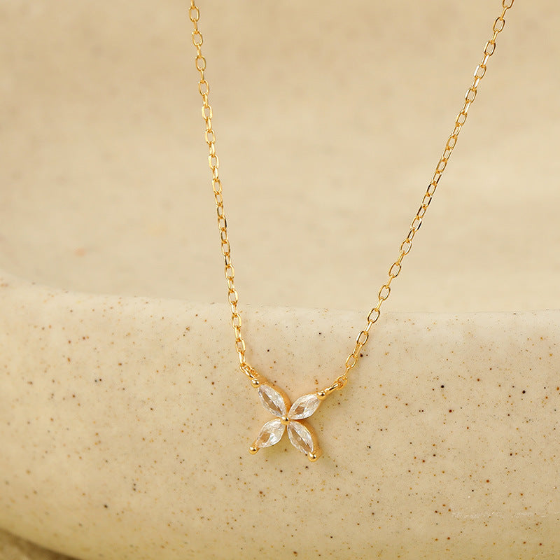 Marquise Flower Necklace, Sterling Silver Dainty Flower Pendant, Adjustable Layering Necklace, Minimalist Bridal Nacklace