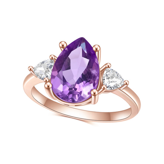 Pear Natural Amethyst Ring 925 Sterling Silver Rose Gold Ring