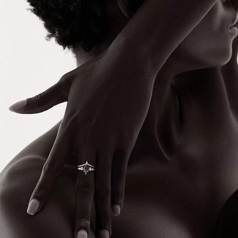 Vintage Kite Cut Green Moss Agate Engagement Ring Set Marquise Cut Diamond Ring Bridal Wedding Gift