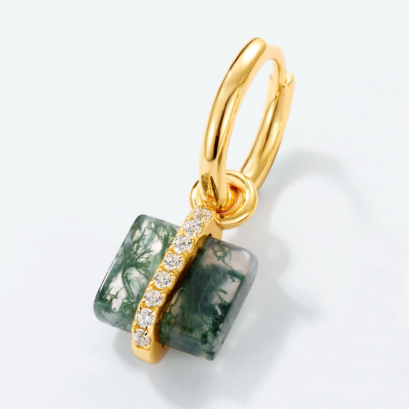 10K Gold Plated 925 Sterling Silver Square Moss Agate Earrings Studs for Women