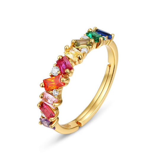 Dainty Baguette Multicolor Ring Rainbow Zircon Engagement Ring For Women Baguette Cut 925 Silver Plated Gold