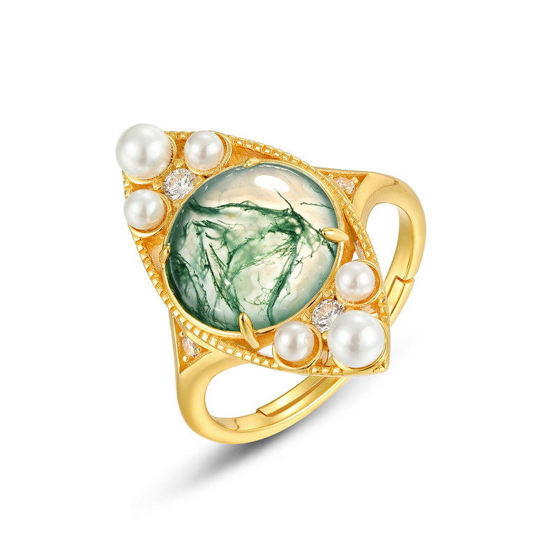 Green Moss Agate Pearl Ring 10K Gold Plated 925 Sterling Silver Wedding Bridal Promise Women Gift