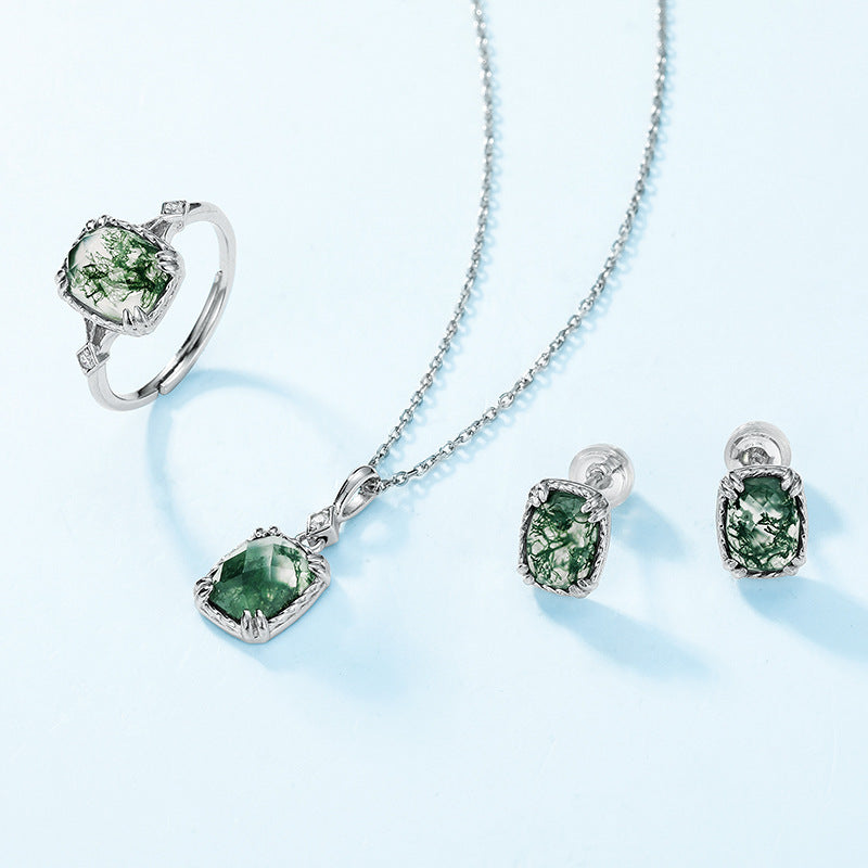 Cushion Cut Green Moss Agate Pendant Necklace - Minimalist Solitaire in 925 Sterling Silver