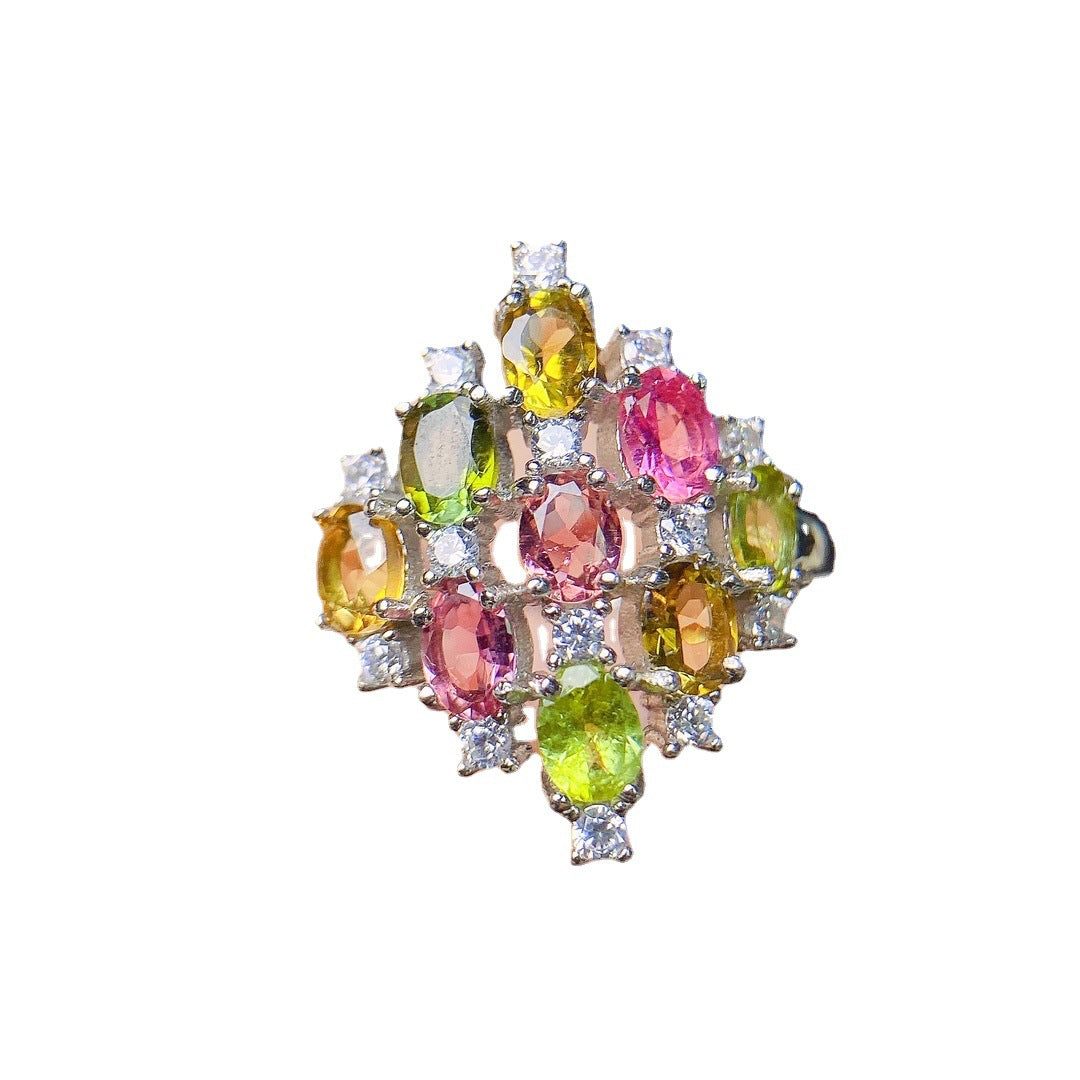 Natural Multi Tourmaline Ring 925 Sterling Silver October Birthstone Statement Ring