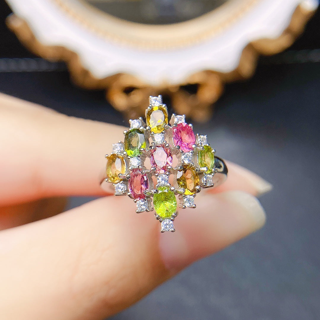 Natural Multi Tourmaline Ring 925 Sterling Silver October Birthstone Statement Ring