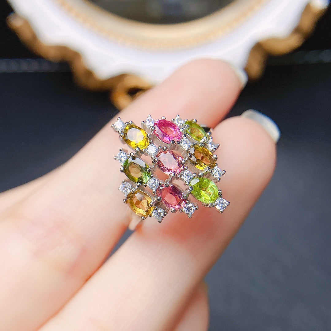 Natural Multi Tourmaline Ring 925 Sterling Silver October Birthstone Statement Ring