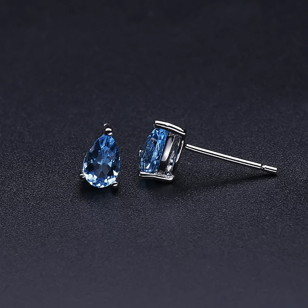 Genuine Swiss Blue Topaz Crystal Droplet Stud Earrings in Sterling Silver, Natural Blue Topaz Pear Shape Stud Earrings, March Birthstone