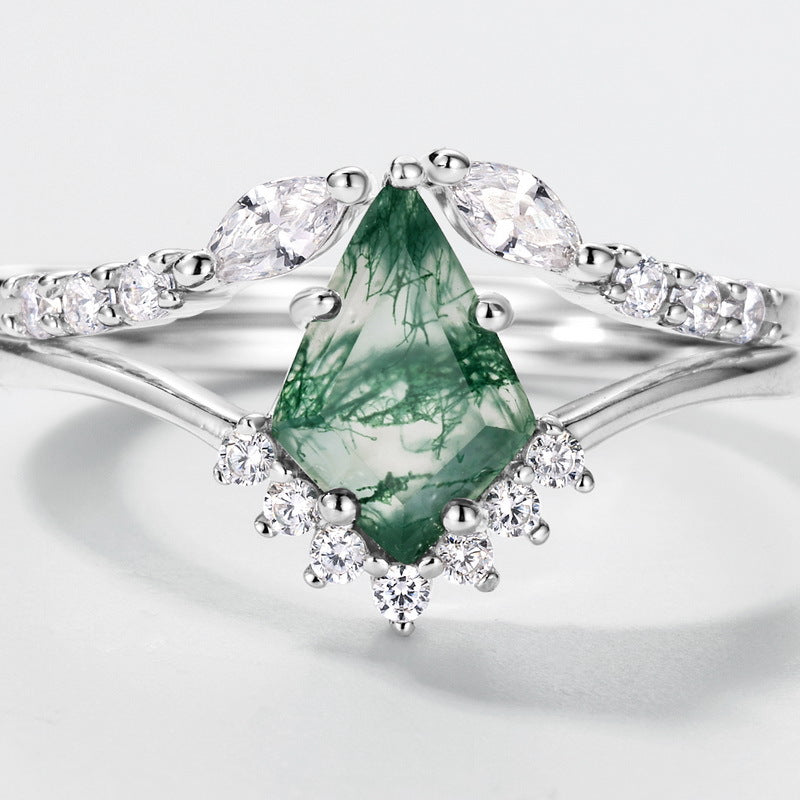 Vintage Kite Cut Green Moss Agate Engagement Ring Set Women Unique Bridal Wedding Ring Set Gift