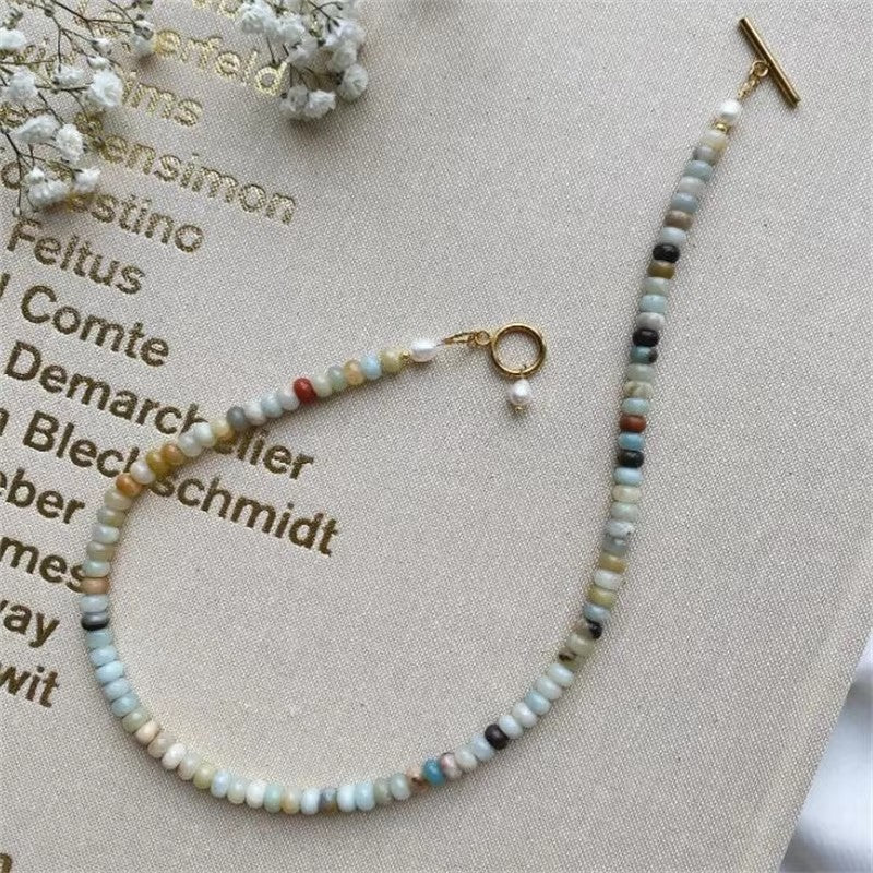 Natural Stone Necklace Beaded Choker Toggle Necklace Single Pearl Necklace