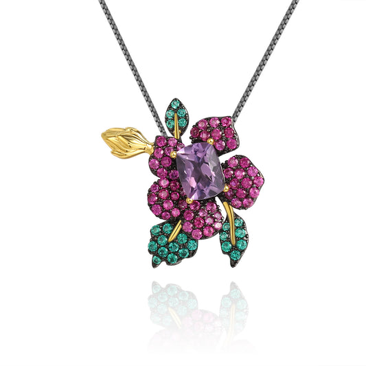 Designer Natural Citrine | Amethyst | Garnet Brooch Pendant Dual-Purpose Natural Wind Flower 925 Silver Colored Gemstone Brooch Necklace