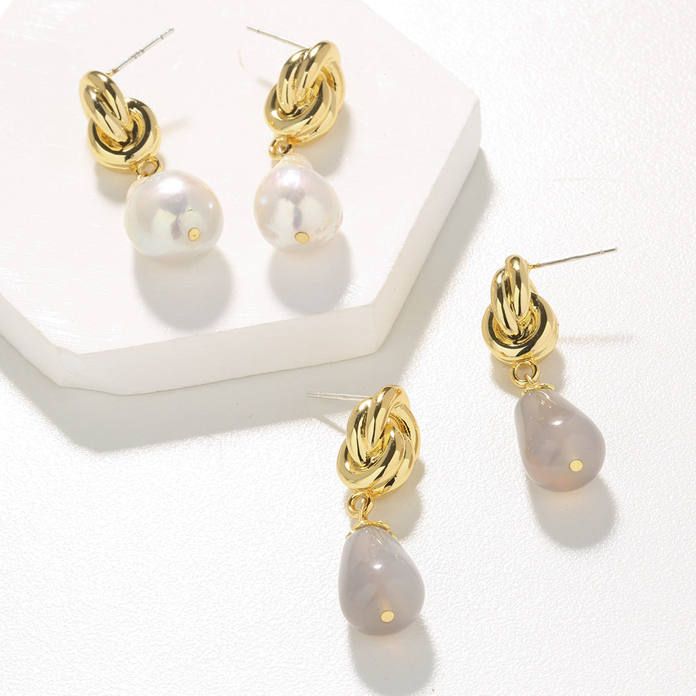 Knot Pearl Drop Earrings Minimalist • Perfect Bride Gift Minimalist Celtic Knot Dangle Stud Earrings