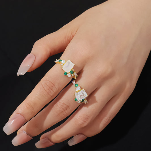 Moissanite Natural Moonstone Halo Emerald Cut Engagement Ring 925 Sterling Silver Gift for Her
