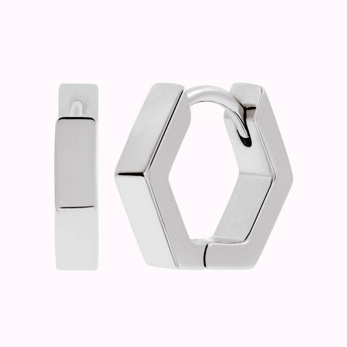 Chunky Geometric Hexagon Shaped Huggie Hoop Earrings - Two sizes available: 10 & 12 mm