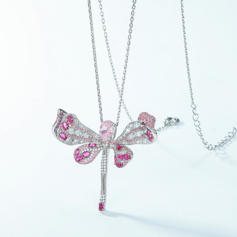 Dragonfly Light Pink High Carbon Diamond Pendant - 925 Sterling Silver Necklace for Women