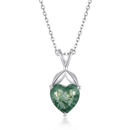 Simple Heart Green Moss Agate Pendant Clavicle Chain 925 Sterling Silver Gold Plated Necklace Gift for Her